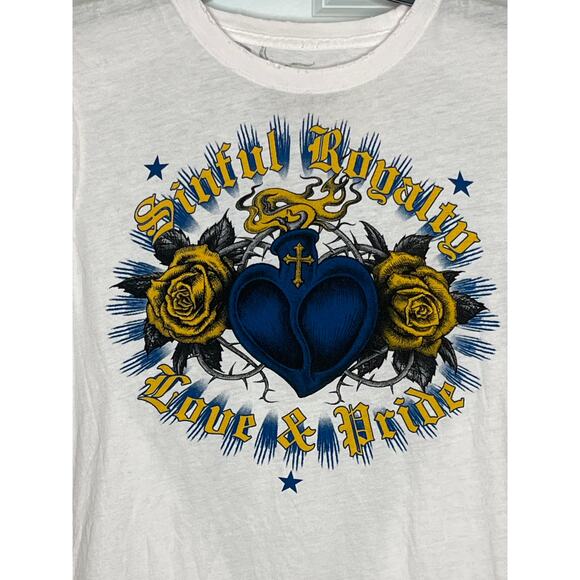 Sinful x Affliction‎ Women Graphic Short Sleeve Tee Large Blue Gold - Picture 2 of 6